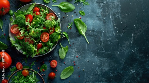 A variety of vegetables, including leafy greens and root vegetables, are artfully arranged in a circle on a table, showcasing the beauty of natural foods AIG50