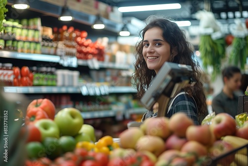 An urban grocery store with a cheerful  young cashier assisting customers at the checkout counter