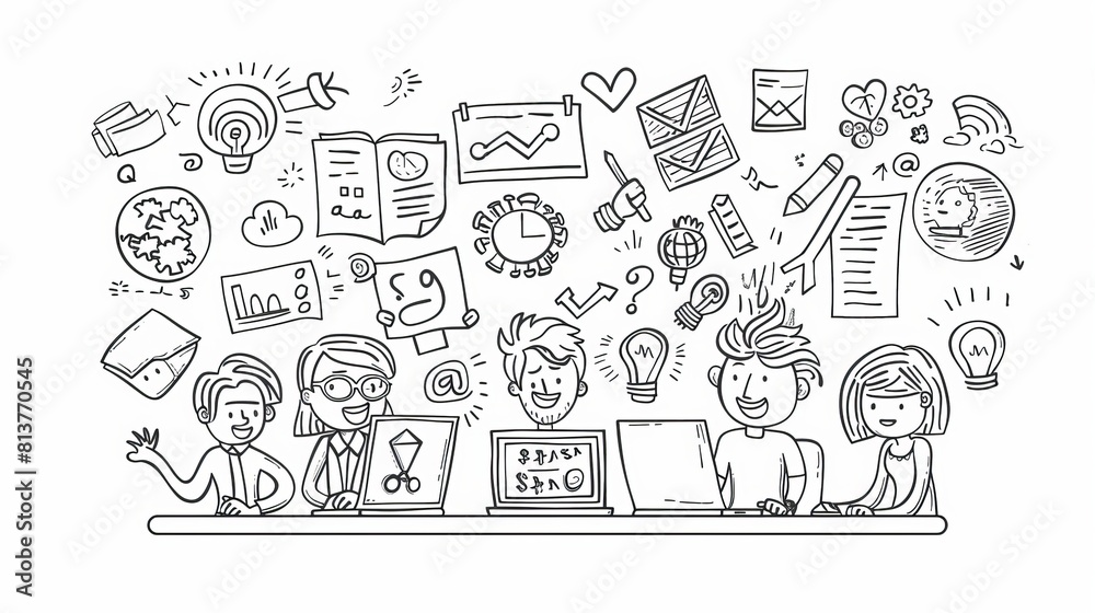 A business team develops a concept doodle, colleagues work together with a laptop thinking creative ideas with infographic icons all around. Teamwork brainstorm in the office Line modern