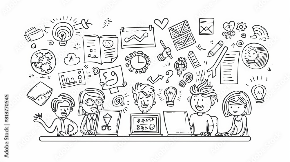 A business team develops a concept doodle, colleagues work together with a laptop thinking creative ideas with infographic icons all around. Teamwork brainstorm in the office Line modern A business team develops a concept doodle, colleagues work together with a laptop thinking creative ideas with infographic icons all around. Teamwork brainstorm in the office Line modern