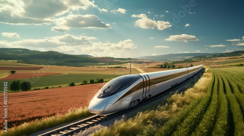 A high-speed train zooming through the countryside