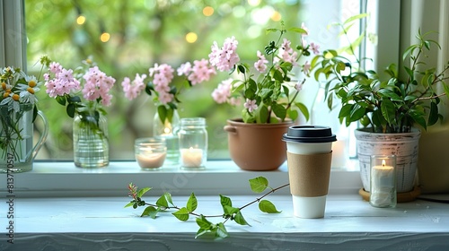   A window sill brimming with lush greenery, flanked by flickering candles and a steaming cup of joe photo