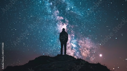 Silhouette of man standing on hill under starry night sky