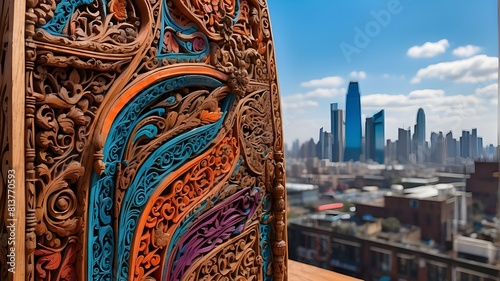 A towering, intricately carved wooden board adorned with vibrant colors and intricate patterns, standing tall against a backdrop of a bustling cityscape.