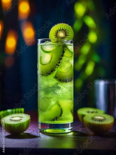 Kiwi cucumber cooler in tall glass, cinematic food photography, ad promo style, neon glowing lights in background  photo