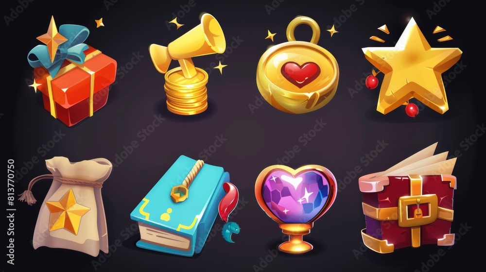 Money, gold star, dynamite, gift box, broken heart, award badge. Modern cartoon set of signs for gui of mobile game, magic book, magnet, potion, gem and letter.