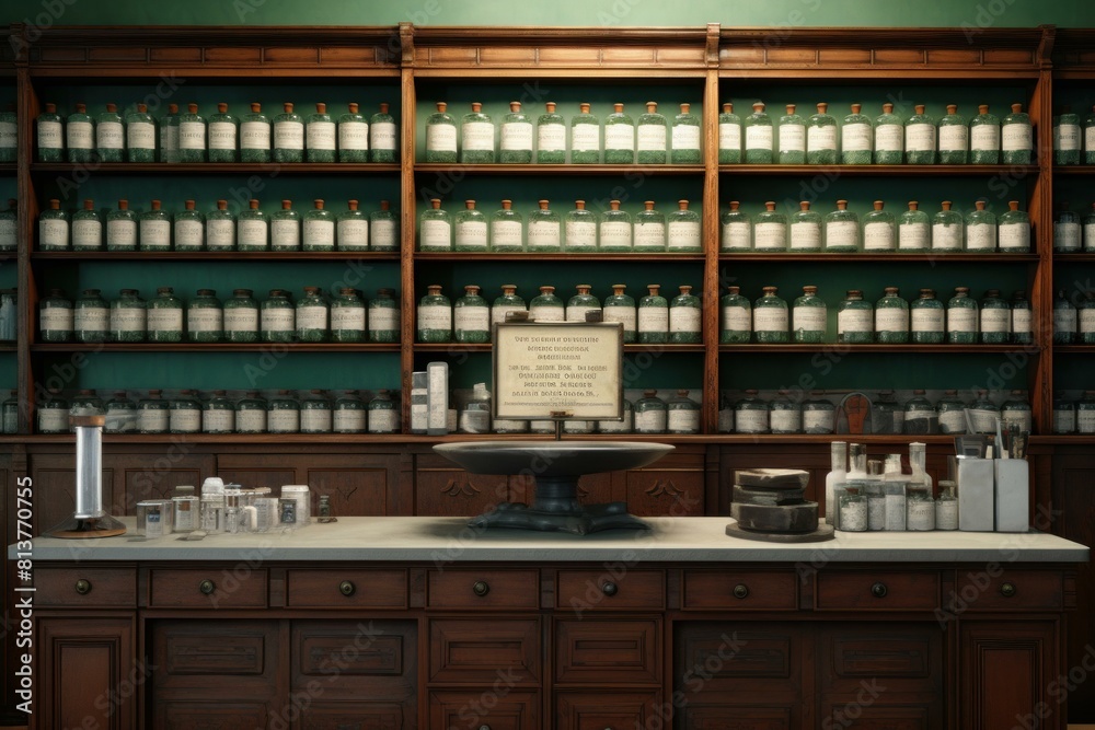 Antique apothecary with rows of medicine bottles on wooden shelves