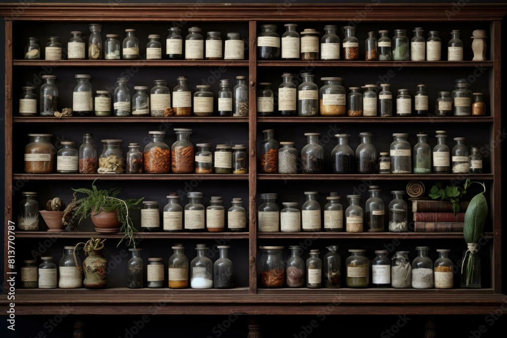 Antique wooden cabinet filled with labeled jars of herbs and medicinal compounds Antique wooden cabinet filled with labeled jars of herbs and medicinal compounds