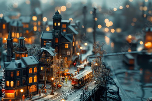 A winter wonderland of a town with snow-covered streets and houses all lit up for the holidays.