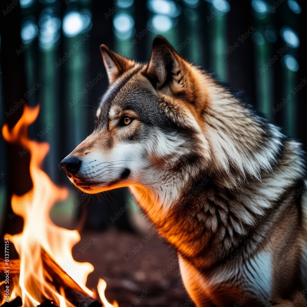 Wolf by the Fire in the Forest