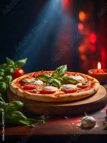 Margherita pizza on pizza stone, chop board, cinematic food photography, ad promo style, neon glowing lights in background  photo