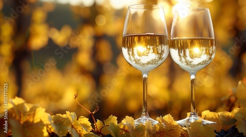 Two wine glasses are sitting on a table with leaves and trees in the background, AI