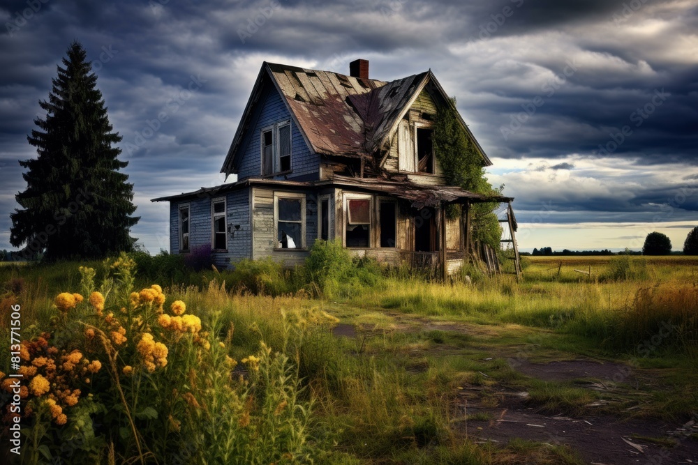 Derelict wooden house stands in a rural landscape under a dramatic sky