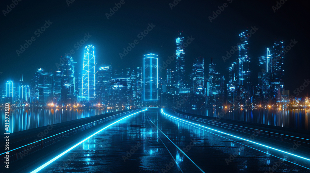 Suspended in a dark abyss, a neon blue wireframe cityscape showcases its landmark with mesmerizing geometric details.