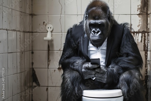 gorilla in a business suit sitting on a toilet focusing on his phone, AI generated