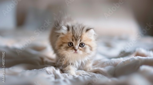 Cute lazy persian kitten walking on the petbed in home. with copy space. international cat day  photo