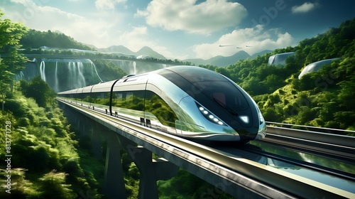 A high-tech maglev train floating above the track
