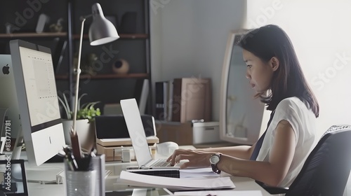 A modern professional workspace with a stylish Asian woman engrossed in her work photo