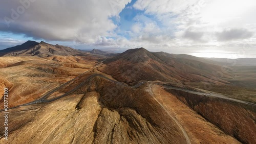 360 degrees seamless loopable aerial panorama of desert landscape near Mirador Sicasumbre and Montana Cardon at sunset, Fuerteventura island, Spain.