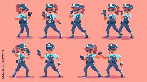 An illustration of a policewoman, female cop at work. Policewoman wears uniform, issues a fine, runs, uses a walkie-talkie while on duty. A girl city patrol constable fights with a criminal in a
