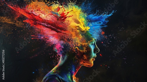 Explosive color splashes from a human head in AI Generative.