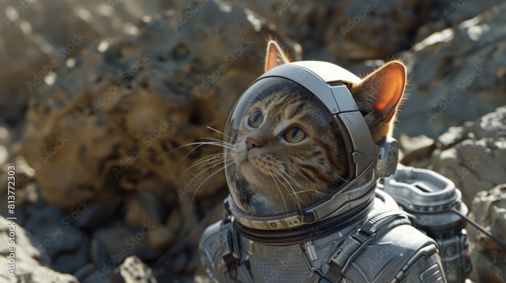 Obraz premium A cat in a spacesuit against a rocky terrain, resembling a scene of space exploration or a science fiction concept blending animals with astronaut themes.