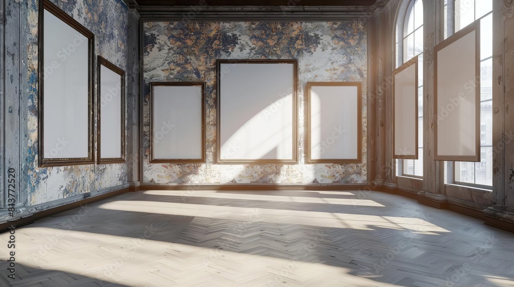 Represent a museums temporary exhibit space with multiple blank frames against a patterned wallpaper, prepared for artist mockups Represent a museums temporary exhibit space with multiple blank frames against a patterned wallpaper, prepared for artist mockups