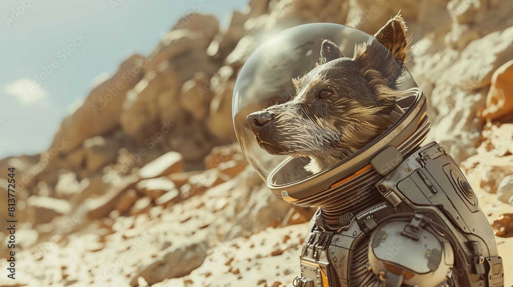 A digitally created image of a dog in an astronaut suit with a helmet ...