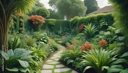 Lush Green Garden Path with Vibrant Flowers and Bromeliads photo