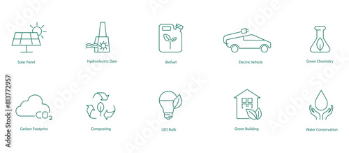 Comprehensive Sustainable Energy and Conservation Vector Icons