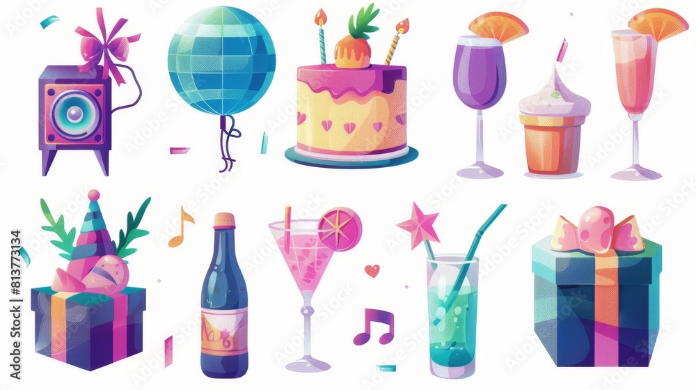 Party theme with disco ball, hats, cocktails and cake. Modern cartoon icons of party equipment, gifts, drinks, and music speakers. Party theme with disco ball, hats, cocktails and cake. Modern cartoon icons of party equipment, gifts, drinks, and music speakers.