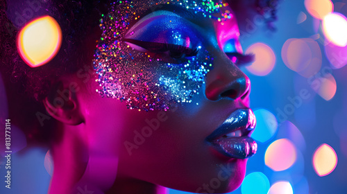 black queen face american nightclub paint makeup gay glitter wearing in drag city a beautiful queer african