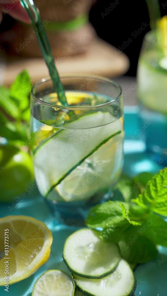 Putting a straw into a glass of lemon and cucumber detox water. Summer homemade cocktail. Vertical video Putting a straw into a glass of lemon and cucumber detox water. Summer homemade cocktail. Vertical video
