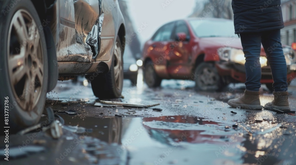 The image shows a car accident with visible damage to the vehicles and debris on the road, with a person standing nearby observing the scene.