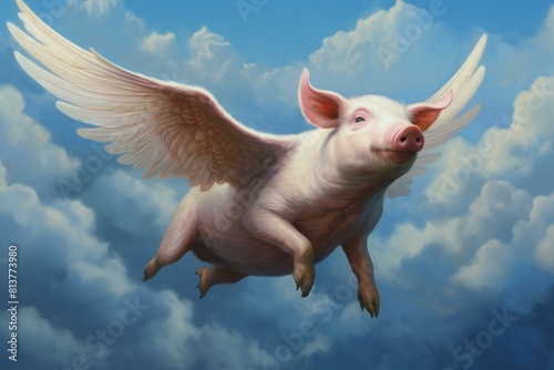 A whimsical illustration of a pig with angelic wings flying through a cloud-filled blue sky