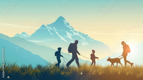 A family with a dog walks on the grass in front of the mountain spending the holiday together.