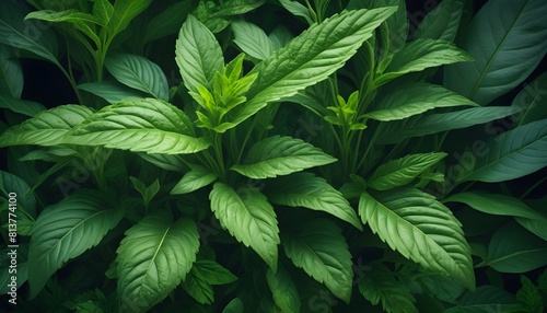 Close-up of Lush Green Foliage Against a Dramatic Black Background photo