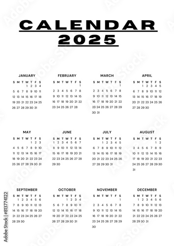 White vertical calendar for 2025 year. minimalistic 2025 Calendar