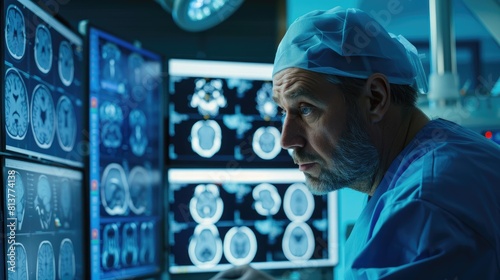 Portrait of Caucasian male neurosurgeon looking at TV screen with MRI machine scanning patient's brain, photo