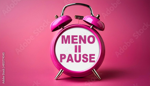 Close-up of an alarm clock with the pause symbol in the center of the clock face and text Menopause against a Pink-Magenta Background with copy space. Generative Ai. photo