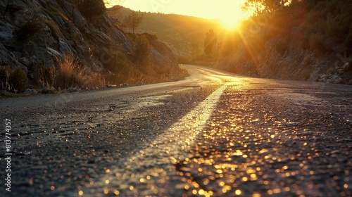 Low level view of empty old paved road in mountain area