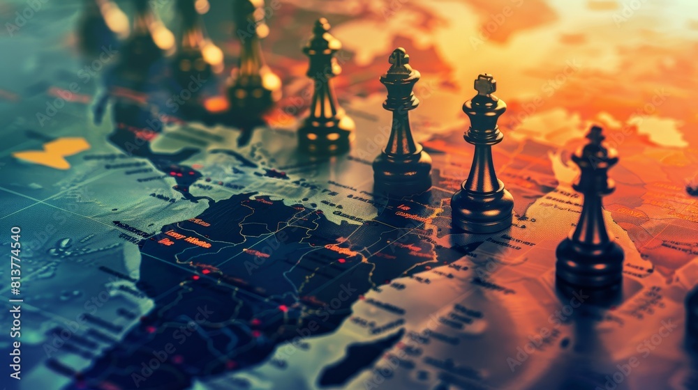 Chess pieces on a glowing world map. Chess pieces on a glowing world map.