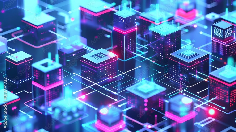 Circuit board with glowing pink and blue neon lights. Circuit board with glowing pink and blue neon lights.