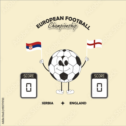 European Football Championship. Match between Serbia and England. Balloon character holding the flags of both countries. Determinate pointage. For game bets. illustration for matches. Forecast
