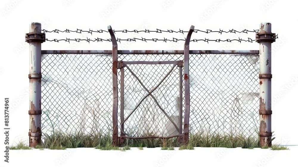 Realistic 3D modern illustration of wire fence mesh, metal grid with gate, prison perimeter protection barrier separated with poles, rabitz on a white background. Wire fence mesh isolated on white