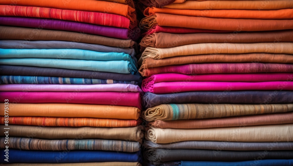 Color Cascade: Stack of Varied and Vivid Linens Creating a Kaleidoscope of Hues