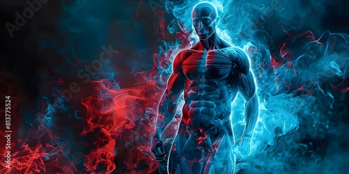 Futuristic bodybuilder exudes energy following X-ray showing modified human skeleton. Concept Sci-fi, Bodybuilding, Futuristic, Technology, Bioengineering