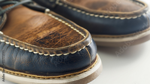 Close-up of brown and black leather boat shoes with white stitching and worn texture on a white background.