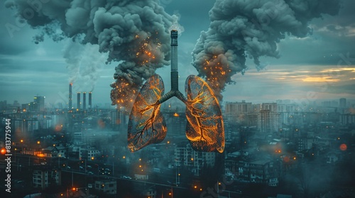 Visual representation of lungs affected by cigarette toxins and air pollution