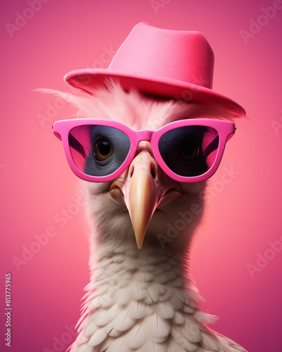 Portratit of pink cartoon bird with pink sunglasses and hat ready for party, on a pink background in the style of minimalism. Hyper realistic. Minimal poster, cover, card idea photo